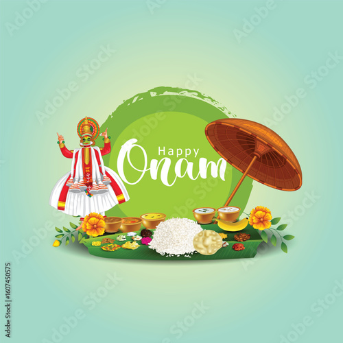 Kerala festival Happy Onam background with traditional food (onasadya) served on banana leaf. Vector illustrationdesign.