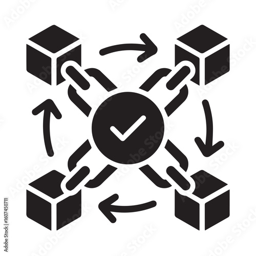 Blockchain technology with connected blocks secured by chains and approval symbolizing secure transactions and decentralized system