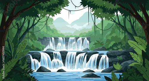 Pixel art waterfall in a lush jungle scene with tropical vegetation and distant mountains