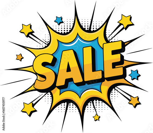 Bold comic book style sale burst with stars and halftone dots