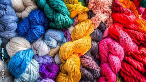 A vibrant tapestry of colorful yarn, a rich spectrum of hues and textures, creating a captivating visual symphony.