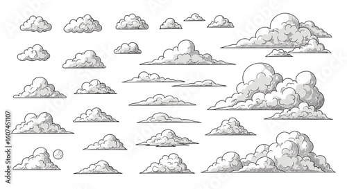 A collection of pixel art clouds in various shapes and sizes ideal for digital game backgrounds and illustrations
