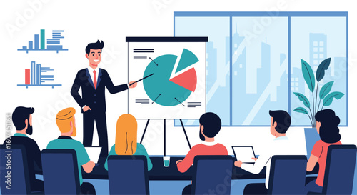 Business professionals engaged in a dynamic presentation explaining financial data and market trends to an attentive audience in a modern conference room during a corporate meeting event