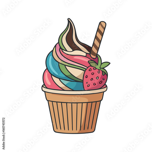 Whimsical Swirl Ice Cream Cup Vector Art with Strawberry and Wafer Stick for Sweet Treats and Dessert Illustrations