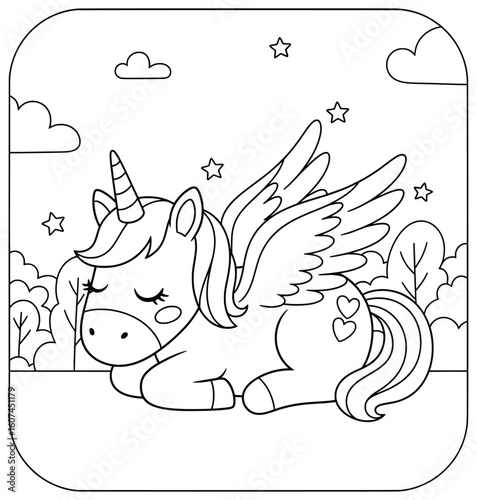 Cute Sleeping Pegasus Unicorn Coloring Page – Magical Winged Horse with Stars and Nature Background