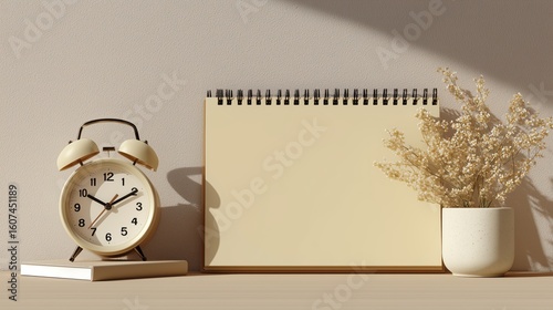 a minimalist white analog alarm clock, a notepad, and  a plant pot with a small plant, simple design, soft beige background, product photography.
