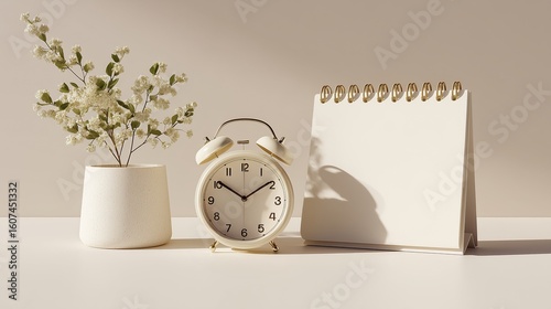 a minimalist white analog alarm clock, a notepad, and  a plant pot with a small plant, simple design, soft beige background, product photography.