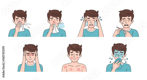 Illustrations depicting various symptoms of illness or allergies in a young person showing sneezing coughing fever congestion and skin irritation
