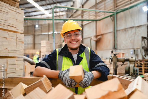 Tableau sur toile Smiling warehouse worker wearing safety vest and helmet holding a timber block in pallet facility, showcasing positive workplace energy and timber sorting process in progress