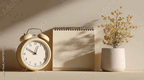 a minimalist white analog alarm clock, a notepad, and  a plant pot with a small plant, simple design, soft beige background, product photography.