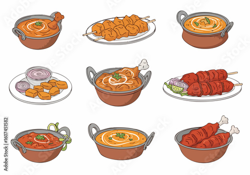 Handdrawn Detailed Indian Cuisine Meal Food Set Culinary Illustration