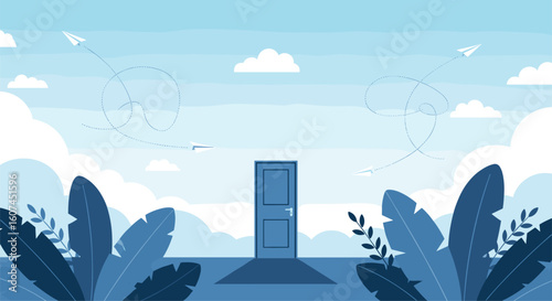 Discover new opportunities through the open door of possibilities under a bright sky