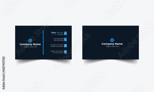 Modern dark blue business card design with logo and contact information