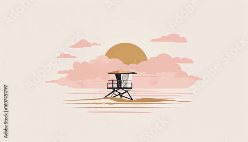 Minimalist Beach Sunset with Lifeguard Tower