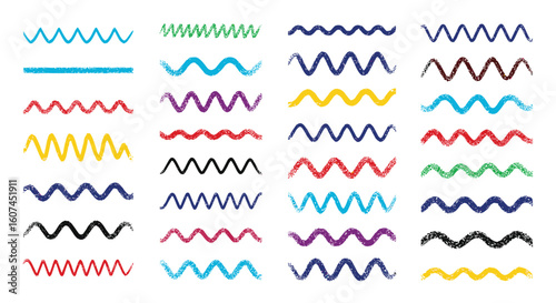 Collection of hand drawn wavy lines and strokes in multiple colors and styles representing various artistic elements