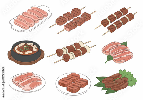 Cute Handdrawn Assortment of Grilled Meat Illustration Culinary