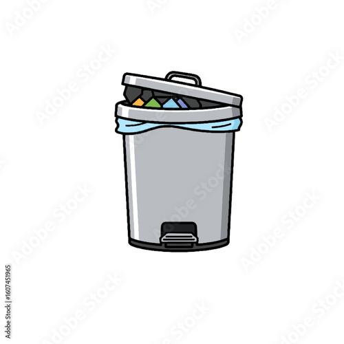 A household trash bin filled with essential cleaning tools for home maintenance and sanitation.