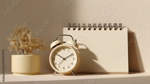a minimalist white analog alarm clock, a notepad, and  a plant pot with a small plant, simple design, soft beige background, product photography.