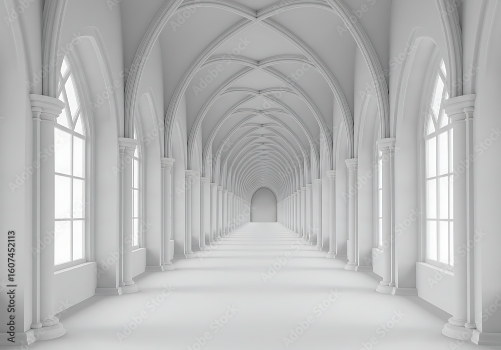 Fototapeta premium An ancient European monastery's stone corridor with arches and columns creates a captivating architectural interior, bathed in light, hinting at a long history