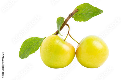 Two yellow cherry plums with leaves, isolated on transparent background, PNG