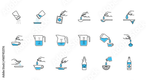 Visual guide demonstrating precise liquid measurement and pouring techniques for various culinary and scientific applications
