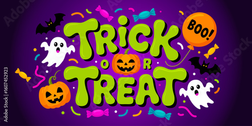 Trick or Treat Halloween banner night celebration. Halloween Promotion Poster. Happy Halloween party greeting card. Halloween poster with bats, ghosts, pumpkins template design. Halloween spooky night