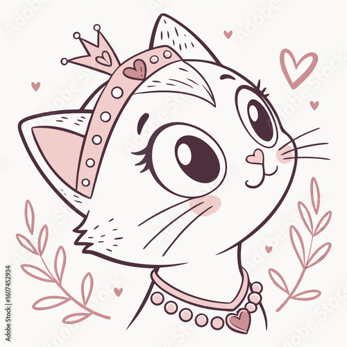 Kawaii Princess Cat Illustration – Pink Crown, Cute Face, Hand-Drawn Style