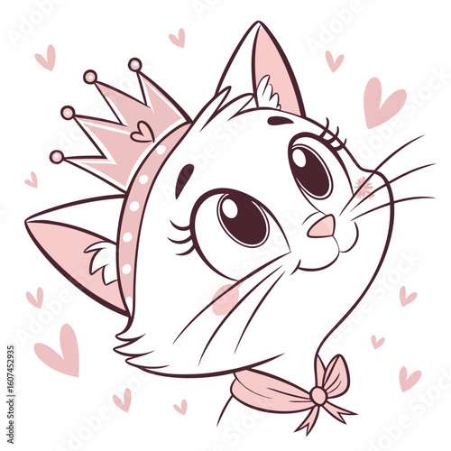 Cute Princess Cat with Crown and Heart Necklace