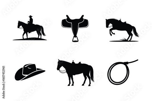 Cowboy riding horse silhouette saddle cowboy hat lasso vector