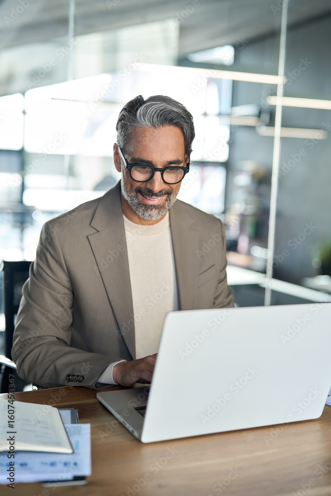 Fototapeta premium Happy busy professional middle aged businessman ceo investor banker working on computer corporate technology in office. Smiling mature business man executive wearing suit sitting at desk using laptop.