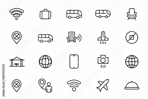 A globally themed line icon bundle for showcasing WiFi access in public places and travel environments. Great for tourism apps, hotel portals, airport kiosks, and coworking websites