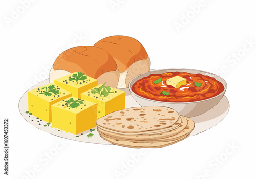 Handdrawn Colorful Pav Bhaji and Dhokla Traditional Indian Cuisine Illustration