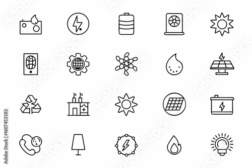 A precise line art icon set focused on energy-saving solutions in the industrial and commercial sectors. Great for green manufacturing reports, industrial sustainability presentations, and technical d