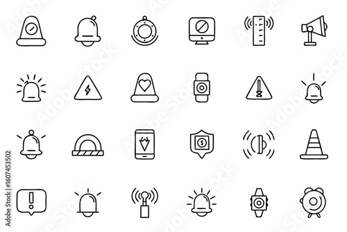 A specialized icon set representing emergency notifications, digital alert systems, and security warnings. Ideal for app developers, disaster apps, and workplace safety systems