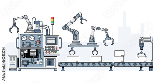 Automated manufacturing process with robotic arms on an assembly line enhancing production efficiency and precision