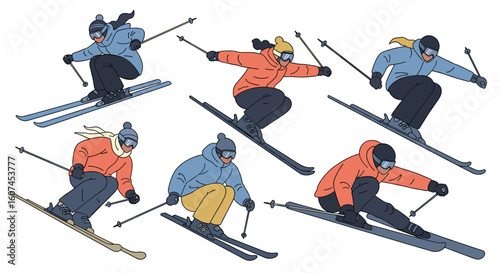 Dynamic skiers performing various techniques on a snowy slope capturing the thrill of winter sports