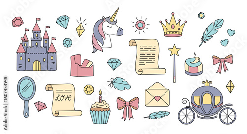 Magical fairytale elements collection featuring castles unicorns crowns carriage and enchanting treasures