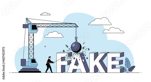 Demolishing fake news with truth a powerful crane wrecking ball symbolizing information integrity and accuracy