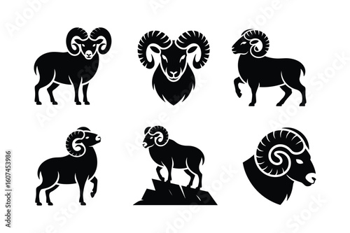 Diverse black ram silhouettes with prominent curved horns sheep bighorn