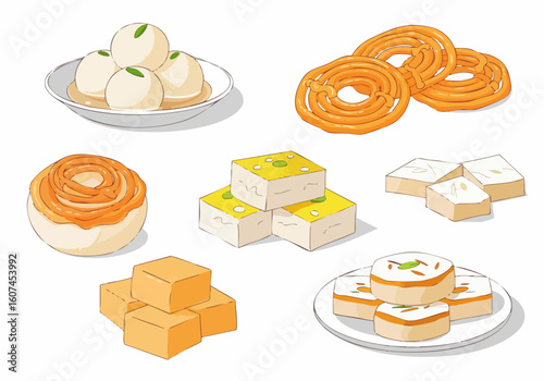 Colorful Flat Illustration Indian Dessert Sweet Food Cuisine Set
