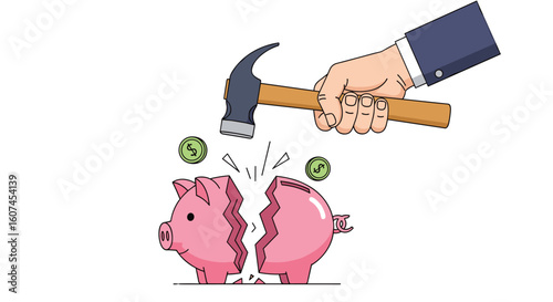 Hand holding hammer breaking pink piggy bank releasing coins in a financial concept