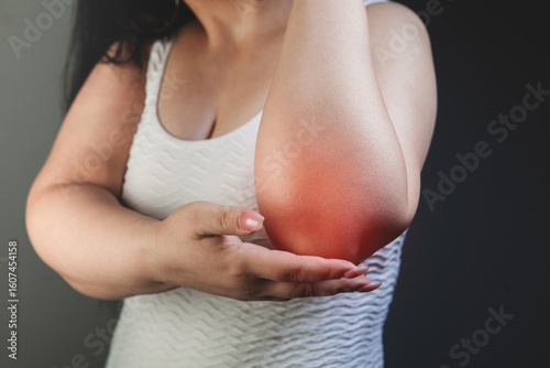 Wallpaper Mural woman with pain, red pain, hand on gray background Torontodigital.ca