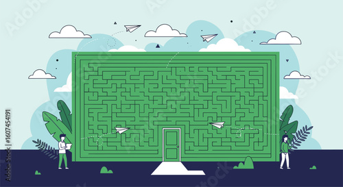 Exploring the lush green maze with two adventurers discovering nature's secrets and finding their way forward