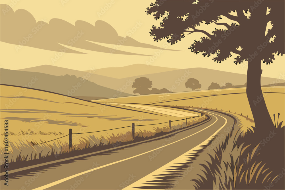 Fototapeta premium wide empty road leading through golden fields, rolling hills in the distance, hazy atmosphere, tranquil and serene landscape, dramatic sky, cinematic lighting, muted colors, digital art, highly det