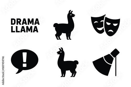 Drama llama speech bubble theater masks and spotlight llama silhouette exclamation mark