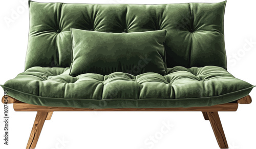 Plush green futon sofa with wooden legs and matching pillow vector