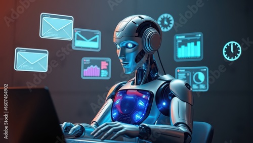 A futuristic robot working on a laptop with floating email and chart icons in the background scene