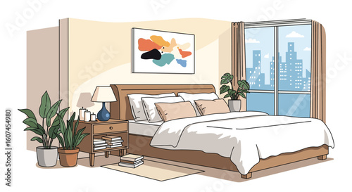 Cozy bedroom oasis with city view and lush greenery for ultimate relaxation and comfort