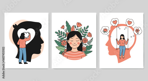 Illustrations depicting mental health self care and personal growth concepts visualized through creative metaphors and symbolism