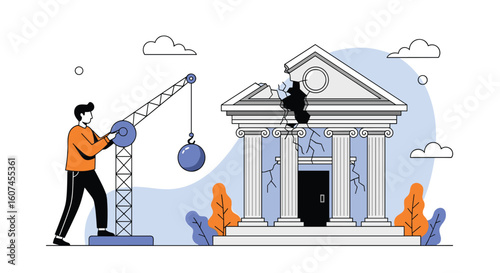 Illustrating the concept of financial crisis and economic recession impacting institutions and society creating global financial instability and widespread economic downturn